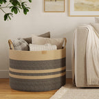 Nunsino 115L Woven Blanket Basket with Leather Handles, Cotton Rope Laundry Basket Hamper,Decorative Nursery Basket Toy Storage Basket for Kids, Living Room, Bedroom, Dark Brown Stripes