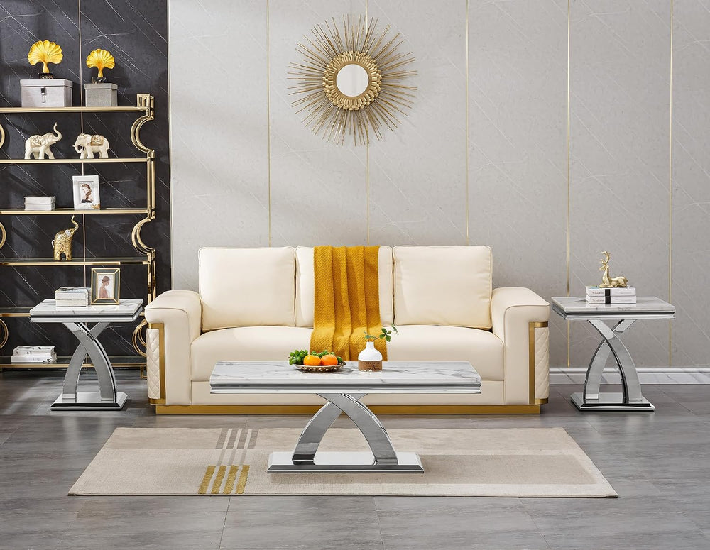 1 Piece Living Room End Table Luxury Faux Marble Sofa Side Table, Modern Whit...