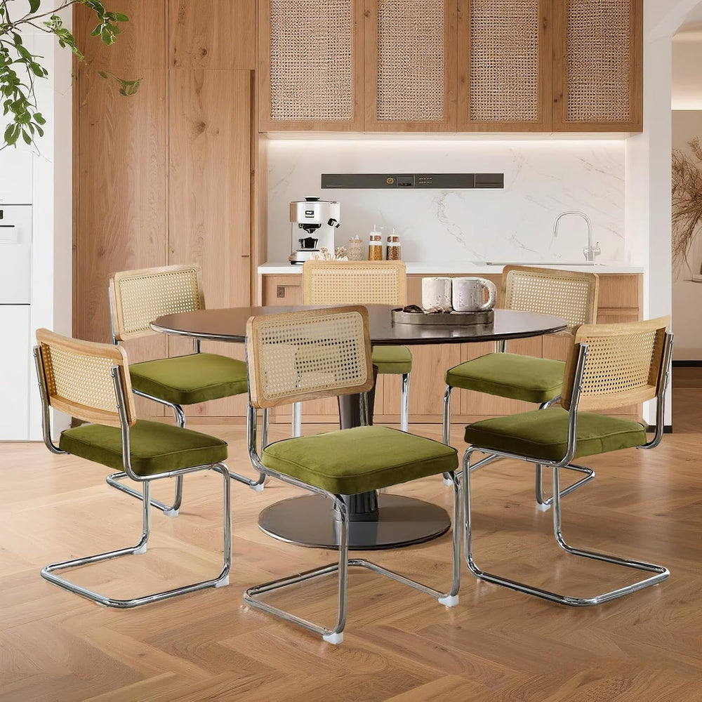 Velvet Dining Chairs Set of 6 Handwoven Rattan Back Upholstered Seat&Chro...