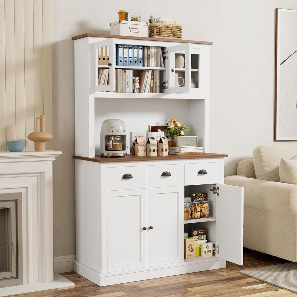 71" Kitchen Hutch with Charging Station, Tall Pantry Storage Cabinet wit...