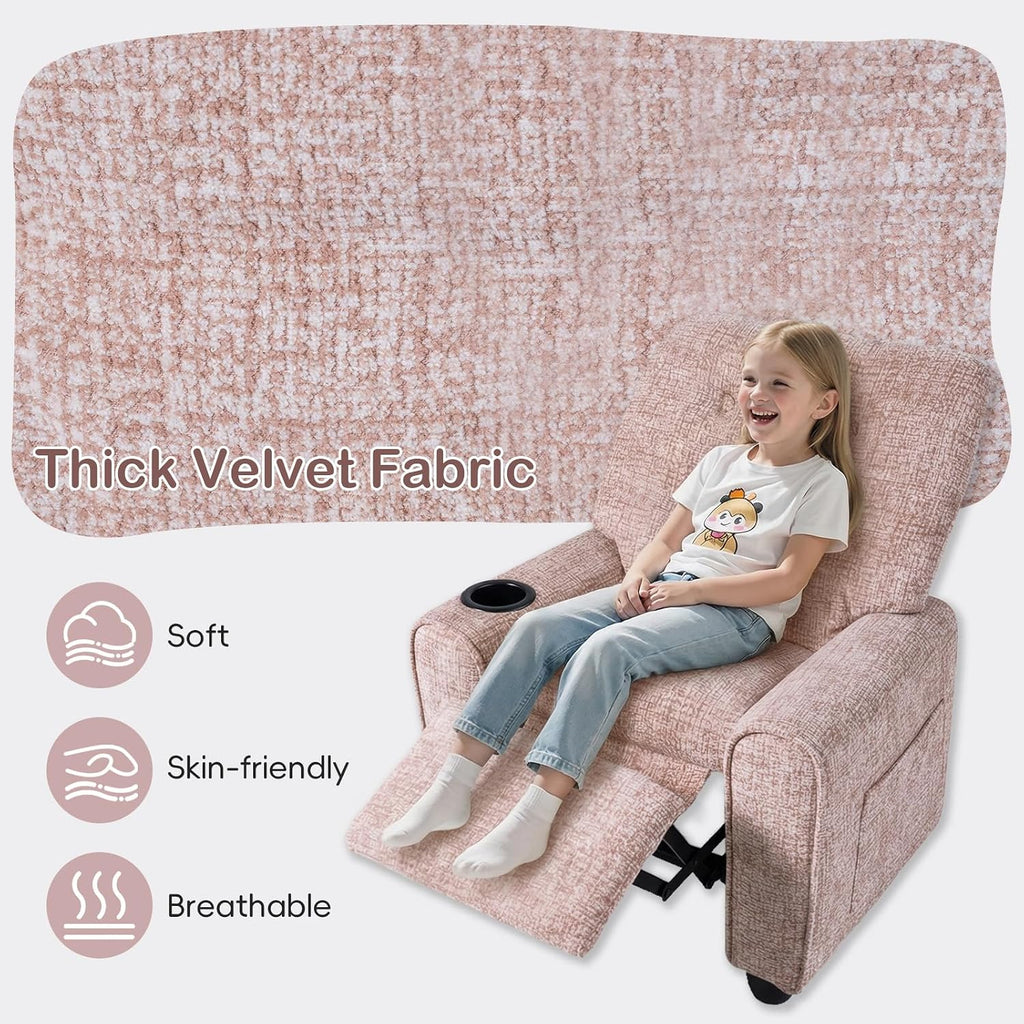 INFANS Kids Recliner, Toddler Lounge Chair with Adjustable Backrest Footrest Cup Holder Side Pockets, Velvet Leather Toddler Couch