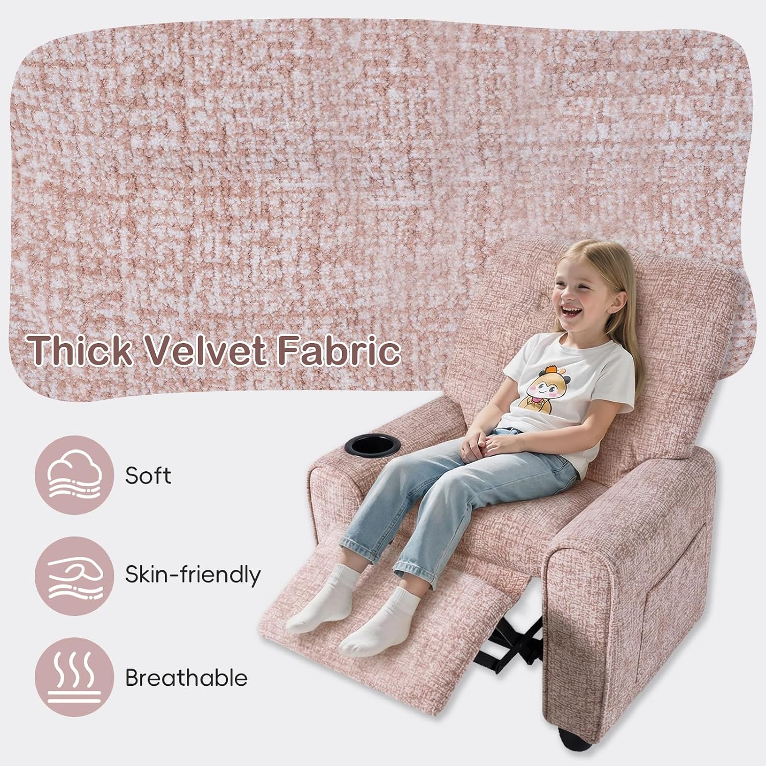 INFANS Kids Recliner, Toddler Lounge Chair with Adjustable Backrest Footrest Cup Holder Side Pockets, Velvet Leather Toddler Couch