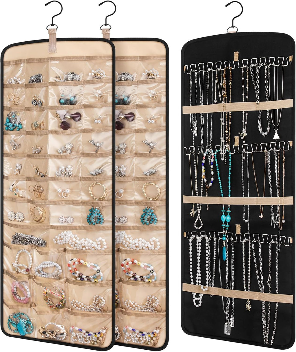 3 Pack Hanging Jewelry Organizer Storage with 39 Pockets, 30 Necklace Hooks Double Sided Wall Mount Earring Holder Organizer Bracelet Necklace Jewelry Display Hanger for Closet Door (Black)