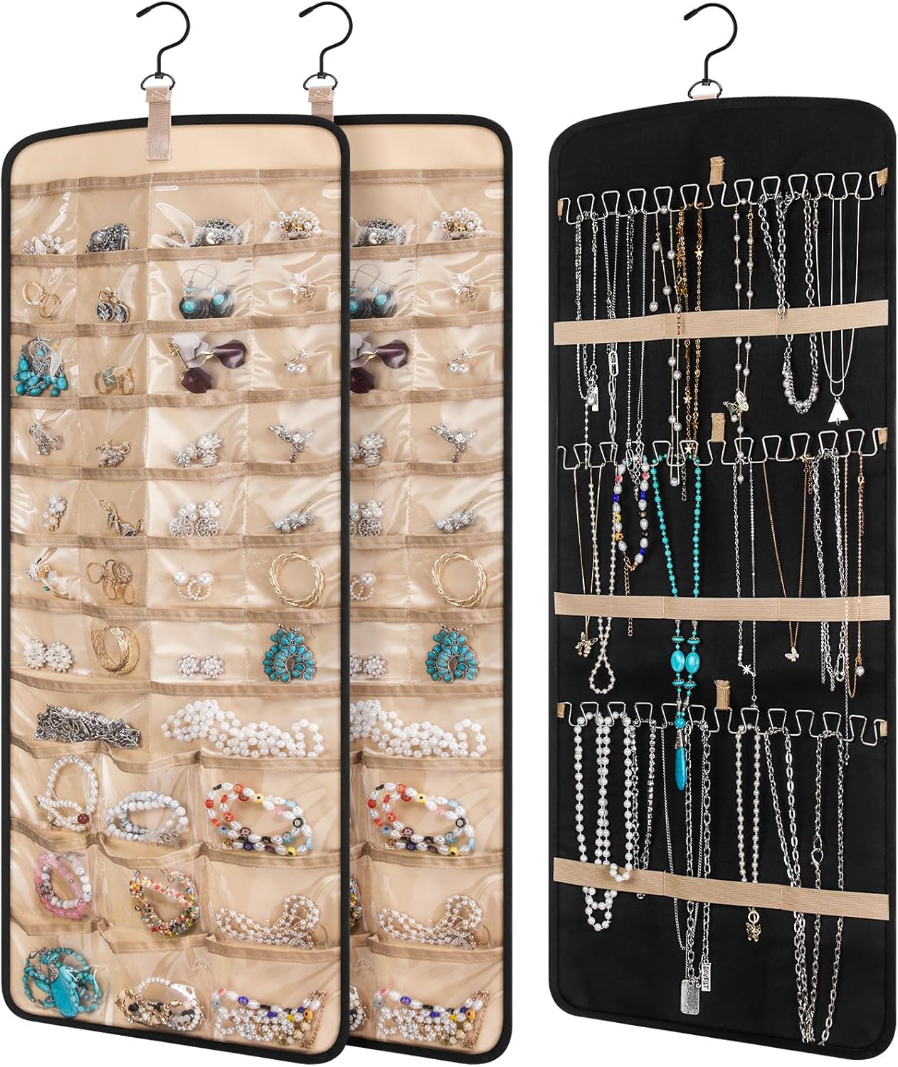 2 Pack Hanging Jewelry Organizer Storage with 39 Pockets, 30 Necklace Hooks Double Sided Wall Mount Earring Holder Organizer Bracelet Necklace Jewelry Display Hanger for Closet Door(Black)