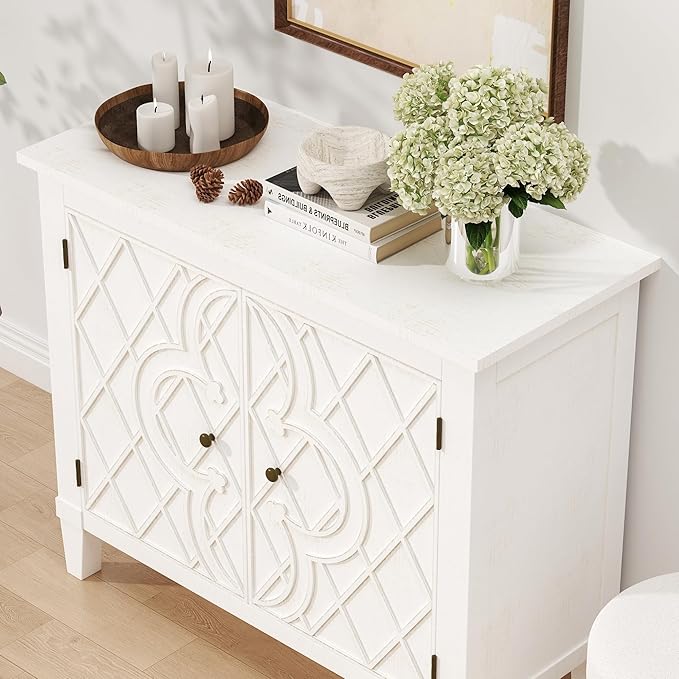 Karlott 40" Entryway Cabinet, Coffee Bar Cabinet with Shelf, Craft Storage Cabinet with Doors, Charming Carved Motif, Pantry Cabinet Sideboard Buffet for Living Room Kitchen Dining Room Hallway, White