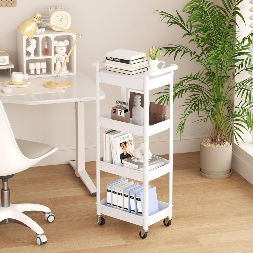 MIOCASA Utility Rolling Cart with Detachable Tray Top, 4-Tier Kitchen Storage Organization, Art Cart with Wheels for Office, Classroom, Livingroom, Kitchen, Bathroom (White, 4-Tier-Plastic)