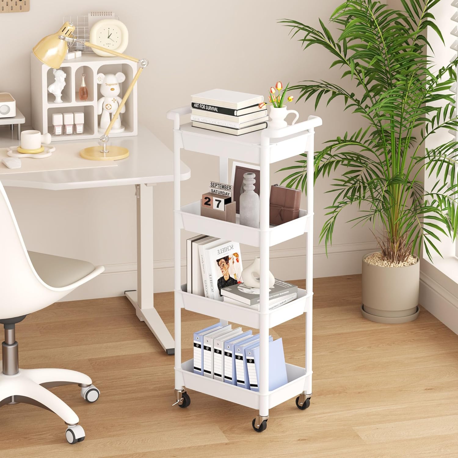 MIOCASA Utility Rolling Cart with Detachable Tray Top, 4-Tier Kitchen Storage Organization, Art Cart with Wheels for Office, Classroom, Livingroom, Kitchen, Bathroom (White, 4-Tier-Plastic)