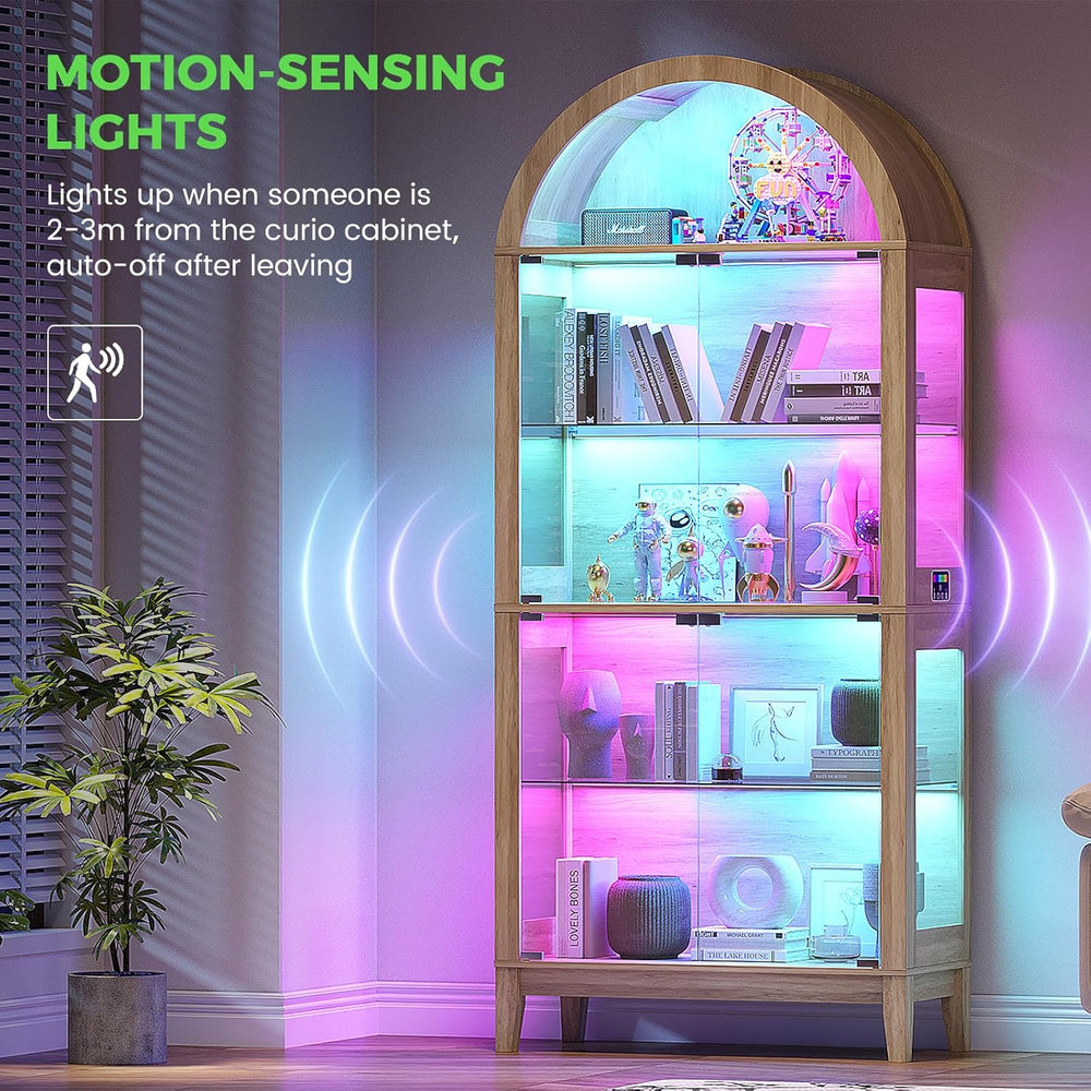 HNEBC Arched Display Case with RGB Lights, 69" Tall 5-Tier Tempered Glas...