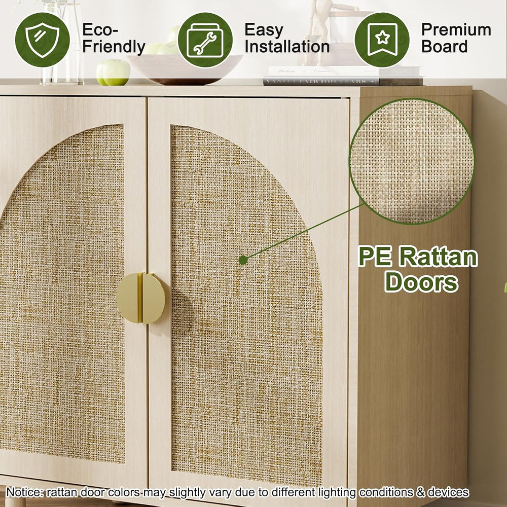 Rattan Sideboard Buffet Cabinet, Wood Storage Credenza Cabinet with Doors and...