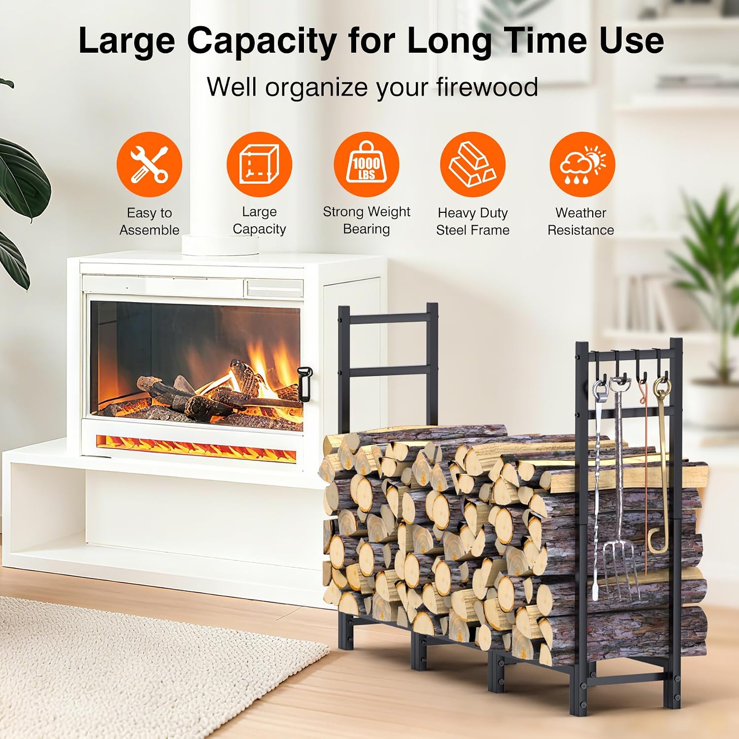 Firewood Rack Outdoor, 44.7" x 9.8" x 31.5", Black | Adjustable Wood Holder, 4 Hooks, Heavy Duty Log Rack, Indoor/Outdoor Firewood Storage