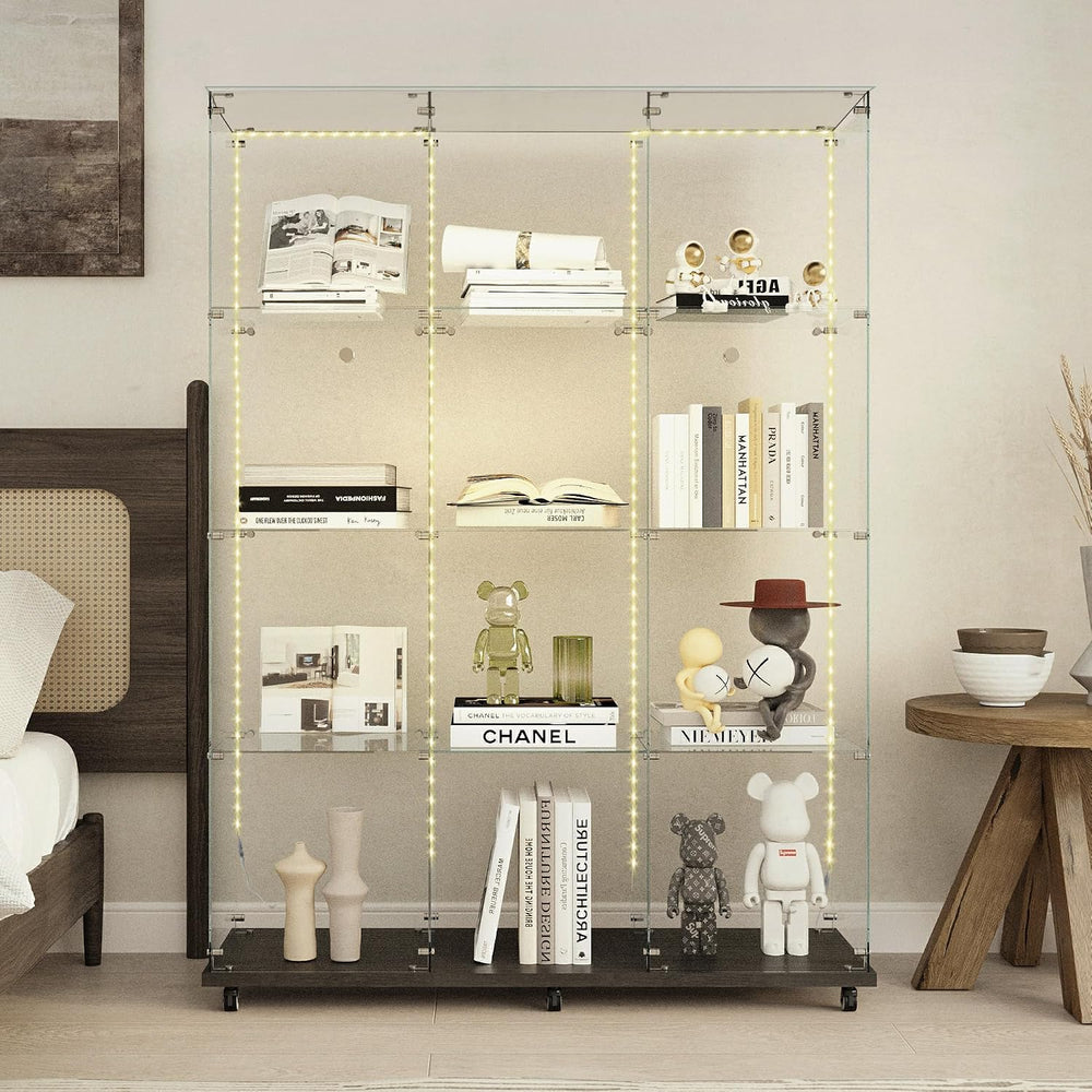 4 Tiers Glass Display Cabinet Extra Large with Bluetooth LED Light Strip, 2 D...