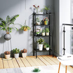 4 Tier Ladder Shelf, 23.6L x 13.8W x 57.9H Inch Industrial Bookcase Ladder-Shaped Plant Flower Stand Rack Storage Shelves for Living Room, Black (HSSC-1)