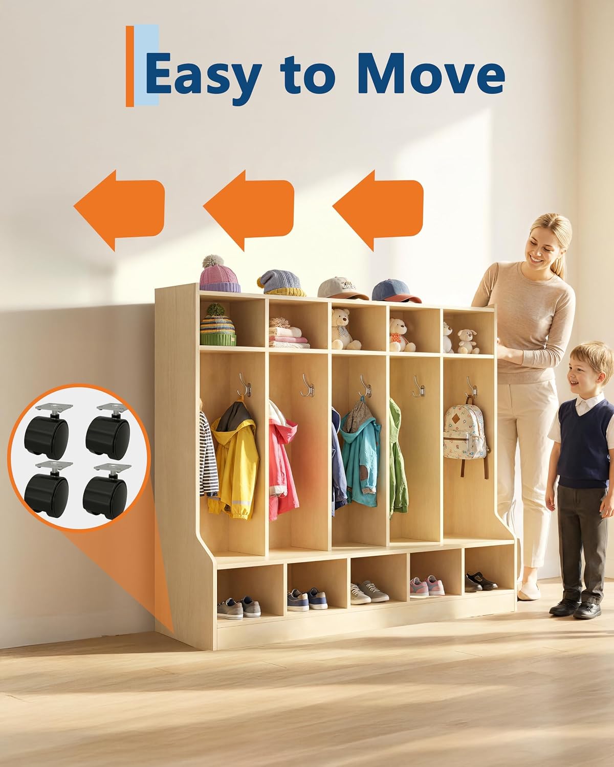 Kids Coat Locker with Bench – 10 Cubbies, 10 Hooks, Storage Organizer – Smooth Wood Finish, Hidden Casters – Ideal for Nursery, Home, Study Room – Large Size Natural Wood Color