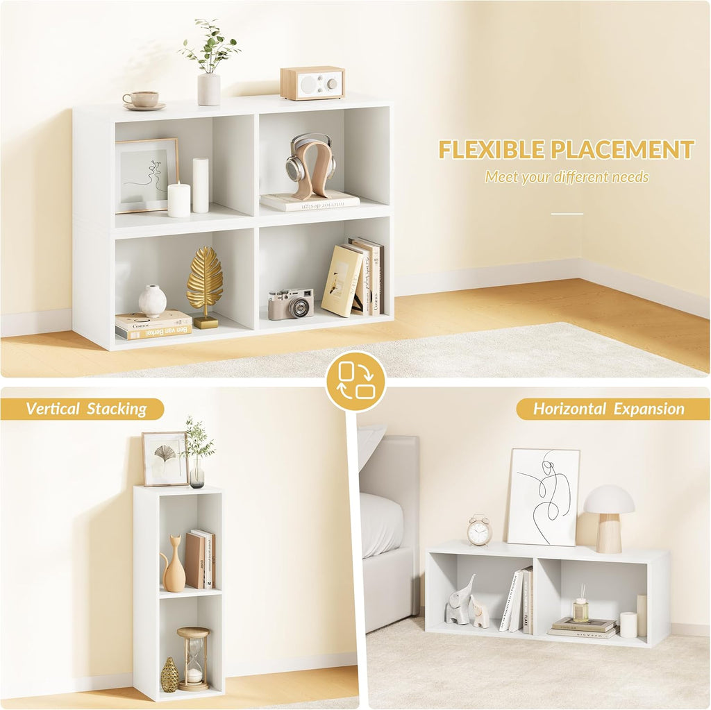 IOTXY DIY Modular Cube Bookcase - CubeXY Customizable Stackable Expandable Basic Shelving Units, 2-Cube Wooden Open Bookshelf for Miscellaneous Storage Organizer, White