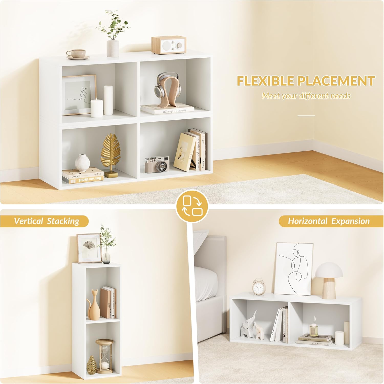 IOTXY DIY Modular Cube Bookcase - CubeXY Customizable Stackable Expandable Basic Shelving Units, 2-Cube Wooden Open Bookshelf for Miscellaneous Storage Organizer, White