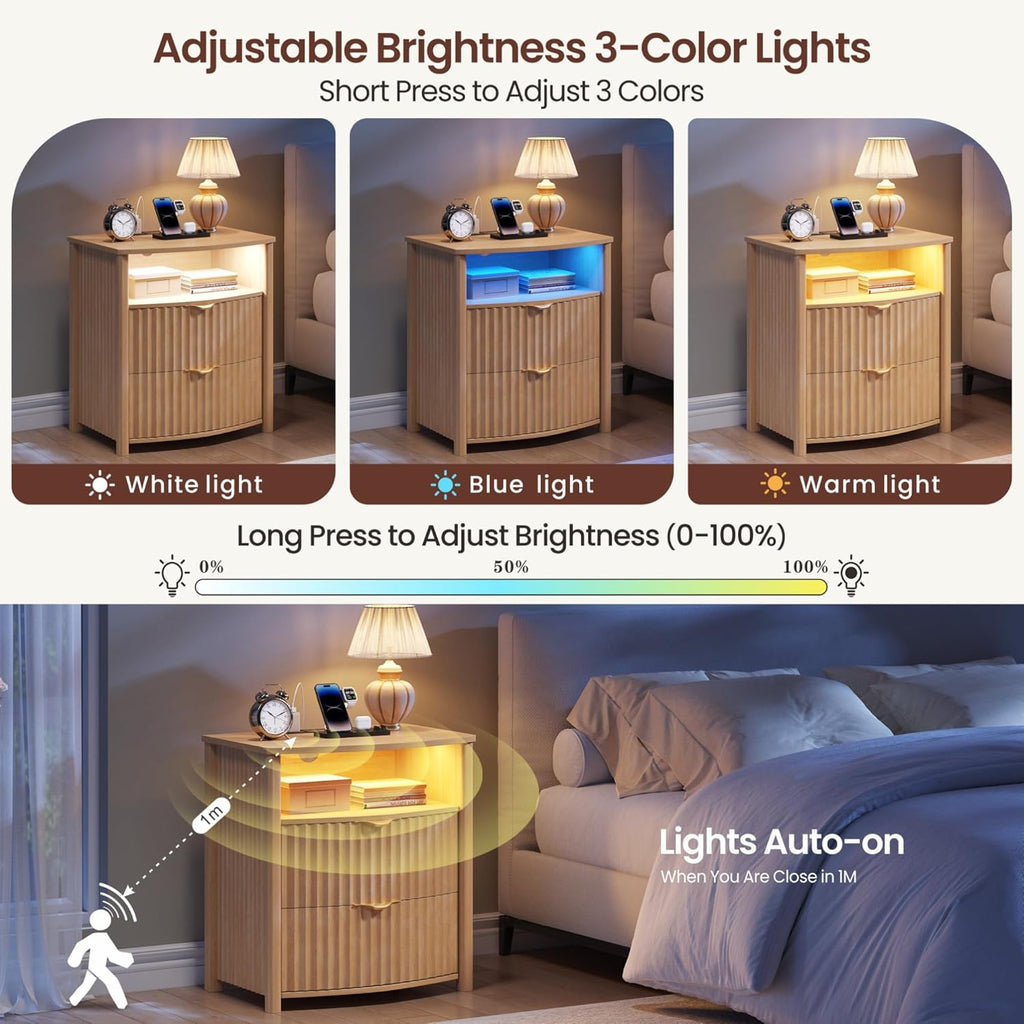 Dystler Fluted Night Stand with Gun Drawer & Card-Lock, 19.7" W Curved Nightstand with Charging Station and LED Lights, 2 Drawers Smart Bedside Table for Bedroom (1, Oak)