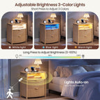 Dystler Fluted Night Stand with Gun Drawer & Card-Lock, 19.7" W Curved Nightstand with Charging Station and LED Lights, 2 Drawers Smart Bedside Table for Bedroom (1, Oak)