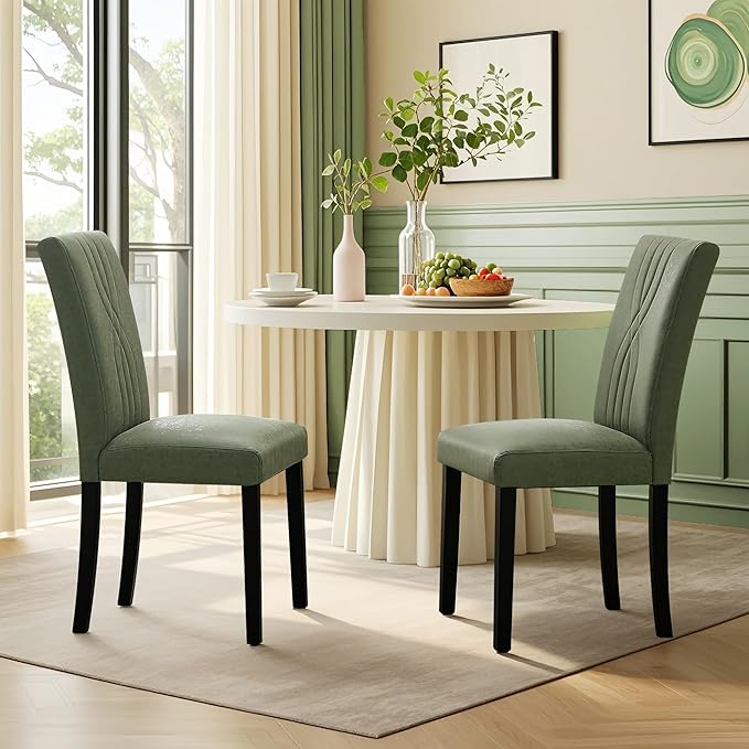 VECELO Upholstered Dining Chairs Set of 2, Modern PU Leather and Solid Wood Legs & High Back for Kitchen/Living Room- Green