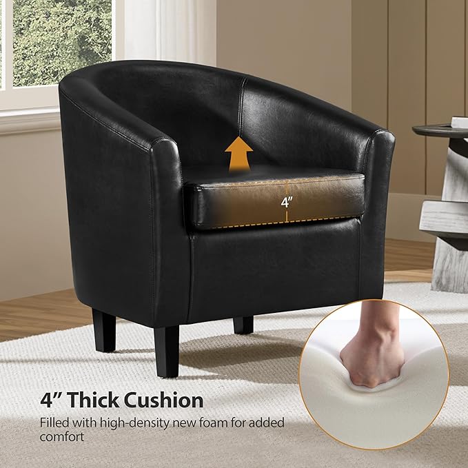 Yaheetech Barrel Chair, Faux Leather Accent Chair, Leather Armchair Club Chair with Soft Padded and Sturdy Legs for Living Room/Bedroom/Study/Waiting Room, Black