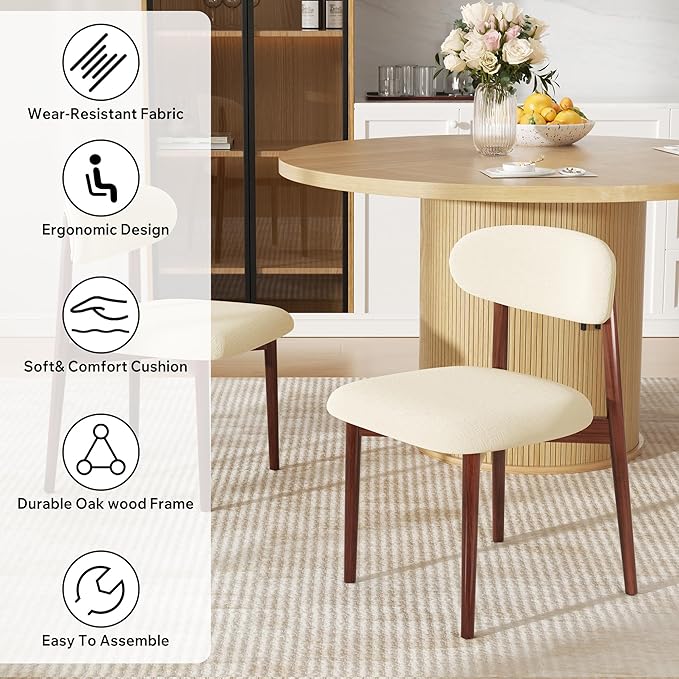 Wooden Dining Chair Set of 1, Modern Dining Chairs with with Curved Back, Fabric Upholstered Kitchen Dining Room Chairs with Adjustable Legs for Farmhouse Dining Living Room,Beige