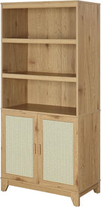 Manhattan Comfort Sheridan Modern Cane Bookcase with Adjustable Open Shelves, Soft Close Doors, and Concealed Compartments, Versatile 3 Tier Bookshelf Storage for Home and Office, Set of 1, Nature
