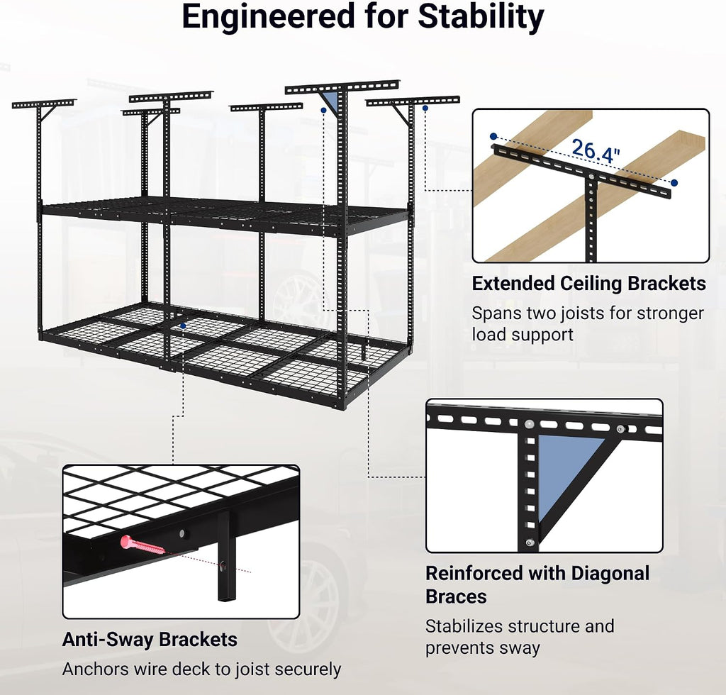 FLEXIMOUNTS 4x8 2-Tier Overhead Garage Storage Rack – Adjustable Heavy Duty Metal Garage Ceiling Storage Racks, 1000 lbs Capacity – Garages Organization System for 9–15 ft Tall Garages, Black