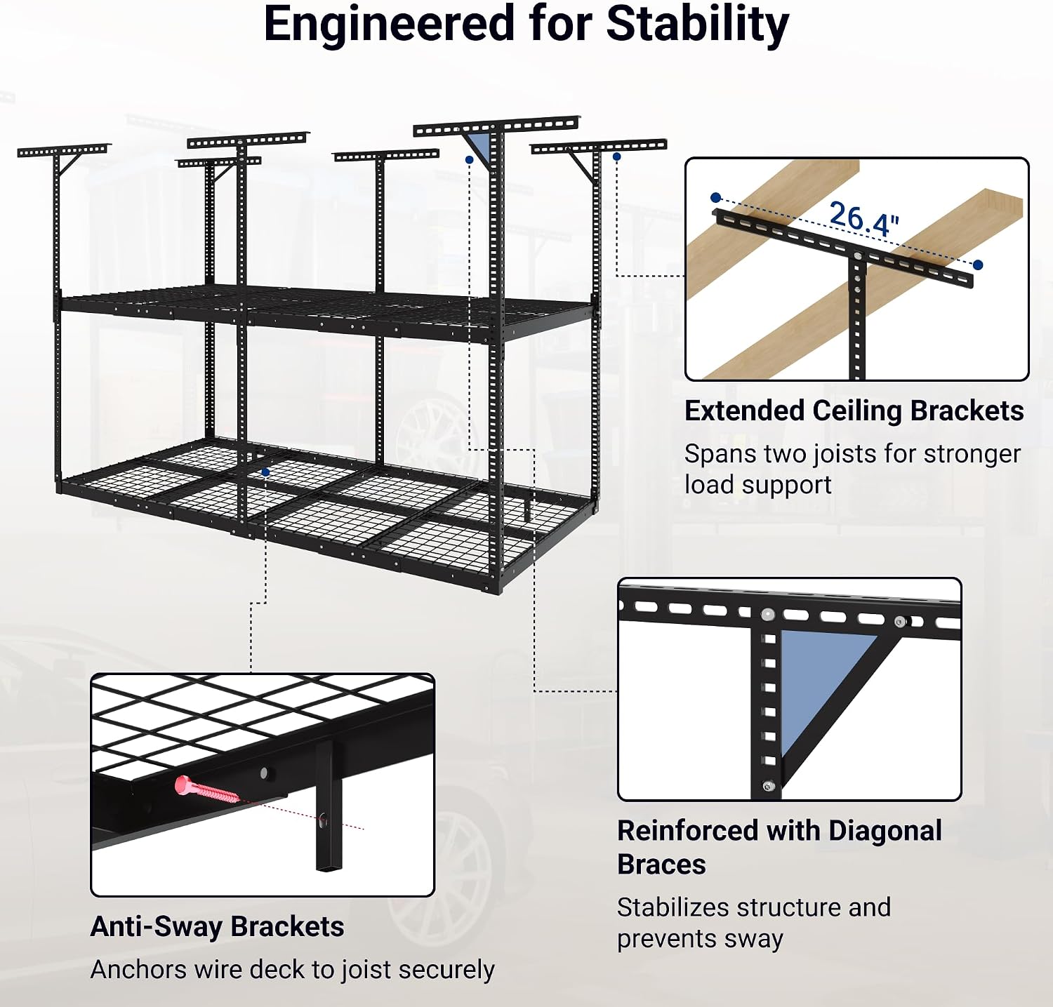 FLEXIMOUNTS 4x8 2-Tier Overhead Garage Storage Rack – Adjustable Heavy Duty Metal Garage Ceiling Storage Racks, 1000 lbs Capacity – Garages Organization System for 9–15 ft Tall Garages, Black