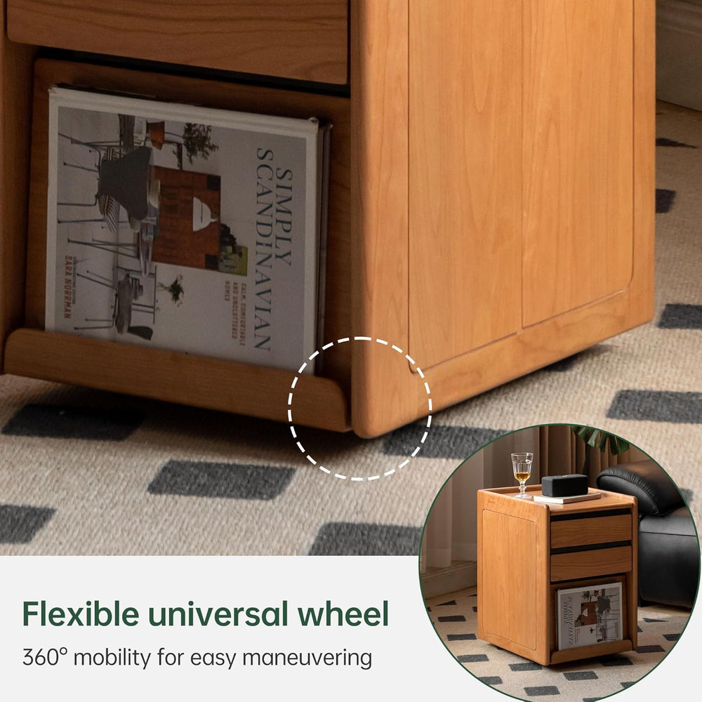 YESWOOD Solid Cherry Wood Side Table with Wheels, Narrow Side Tables with Sto...