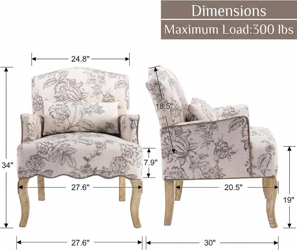 Shunzhi Floral Accent Chairs Farmhouse Upholstered Armchair Linen Reading Cha...