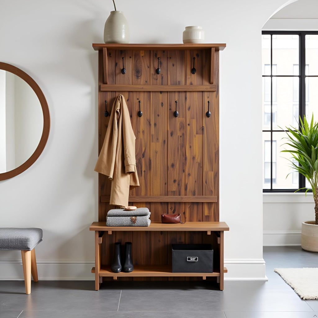 Alaterre Bethel Rustic Solid Wood Entryway Hall Tree with Bench, Natural | 70” Modern Farmhouse Entryway Organizer with Shoe Storage Bench and Coat Hooks, Natural Aged Brown, for Jackets, Shoes & Bags