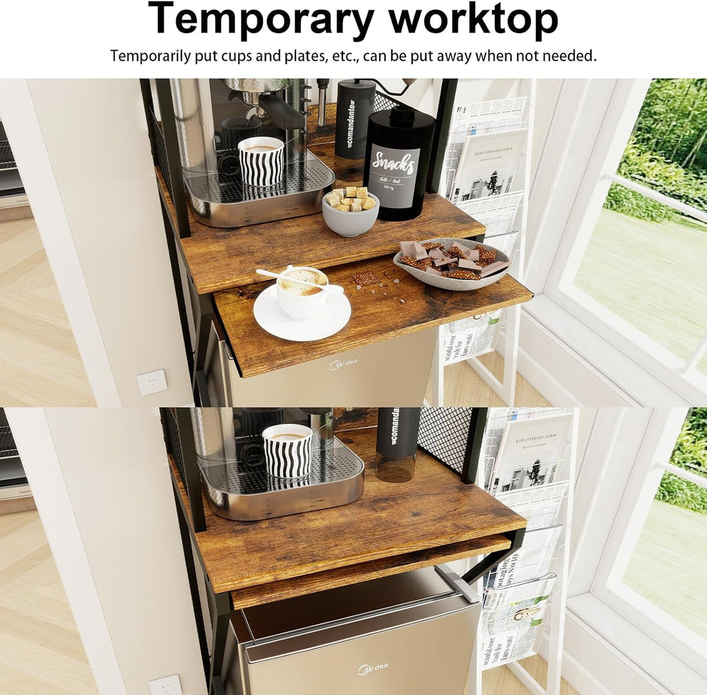 PUNCIA 4-Tier Mini Fridge Stand with Outlet, Coffee Bar Organizer, Retro | Coffee Station with Fridge Space, Tall Refrigerator Cabinet & Microwave Shelf Bakers Rack for Kitchen Dorm Pantry Apartment