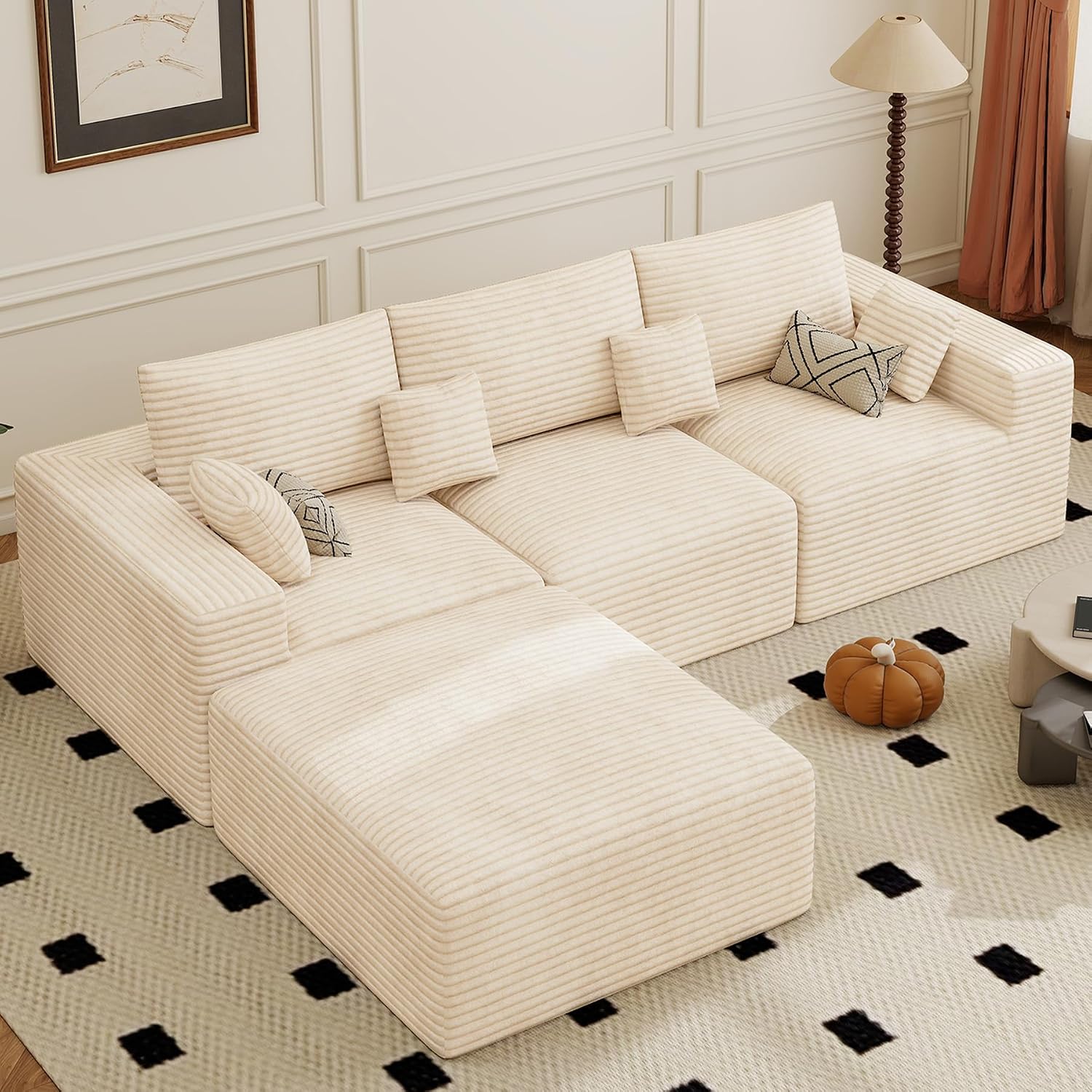 113" Modular Sectional Sofa, Convertible L-Shaped Cloud Couches for Living Room with Ottoman, 4 Seater Corduroy Boneless Couch Sofa Set, No Assembly Required, Beige 1 PCS