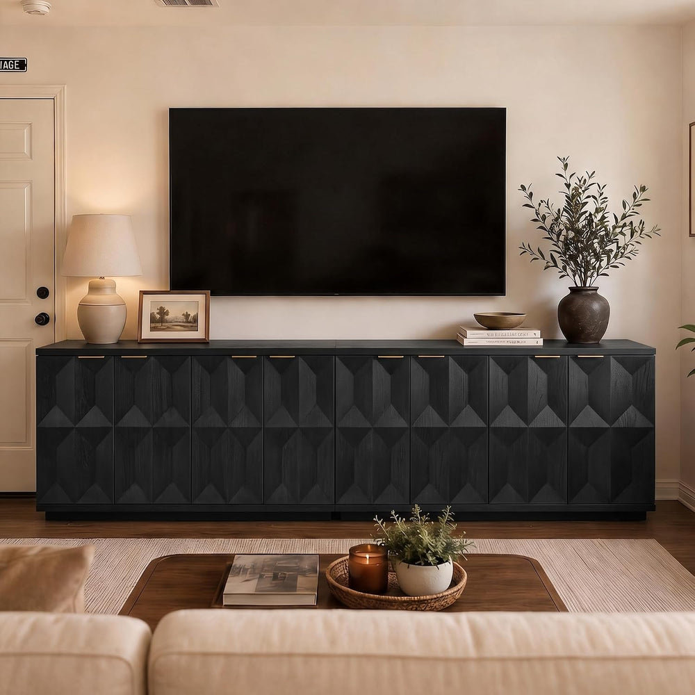 Brafab 118" Sideboard Buffet Cabinet with 3D Geometric Doors, Long Credenza