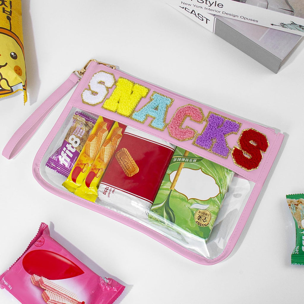 Snack Bag for Travel & Makeup - Clear Chenille Letter Zipper Pouch, Waterproof Cosmetic Tote Bag for Women & Girls (Pink)