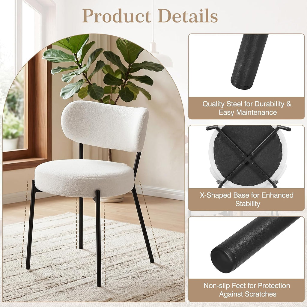 VECELO Dining Chairs Set of 4, Modern Mid Century Upholstered Kitchen Chairs with Curved Backrest and Black Metal Legs, for Kitchen, Dining Room, Living Room, White