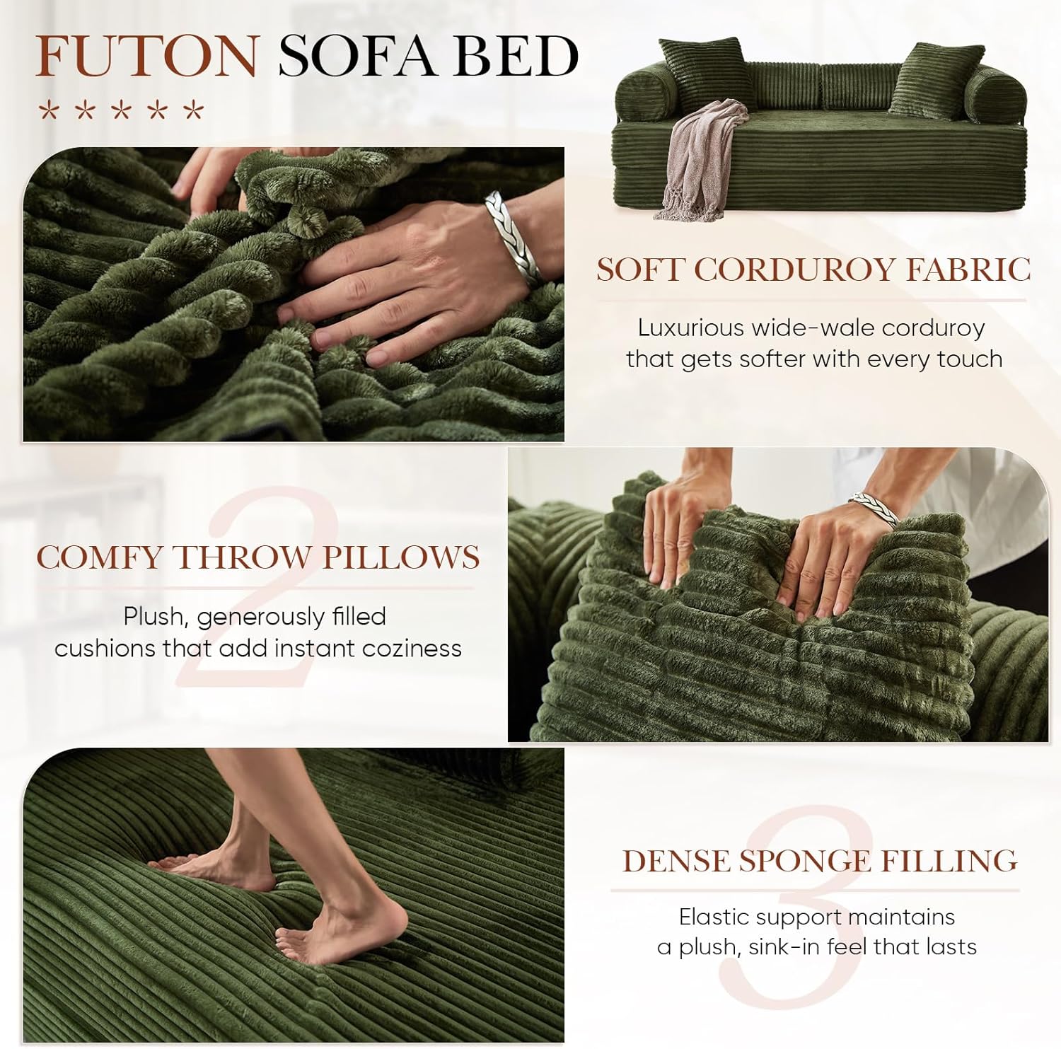 Antetek Modular Couch Bed, Convertible Folding Plush Corduroy Comfy Floor Compression Loveseat Sleeper Sofa Couch, King Size Bed for Guest Room Living Room Bedroom, No Assembly Required, Green