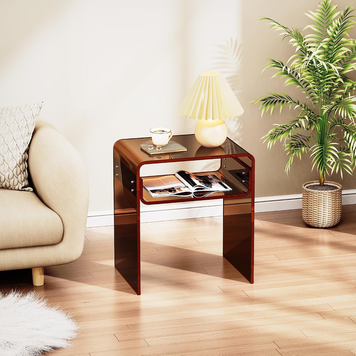 Clear Acrylic End Table 2-Tier Bedside Nightstand for Living Room Bedroom (1, Dark Brown)