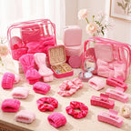 48 Pcs Sleepover Party Supplies Kit Bridesmaid Proposal Gifts Slumber Birthday Spa Party Favors Bow Headband Scrunchies Jewelry Case Makeup Bag Mirror for Gifts (Pink and Rose Red)