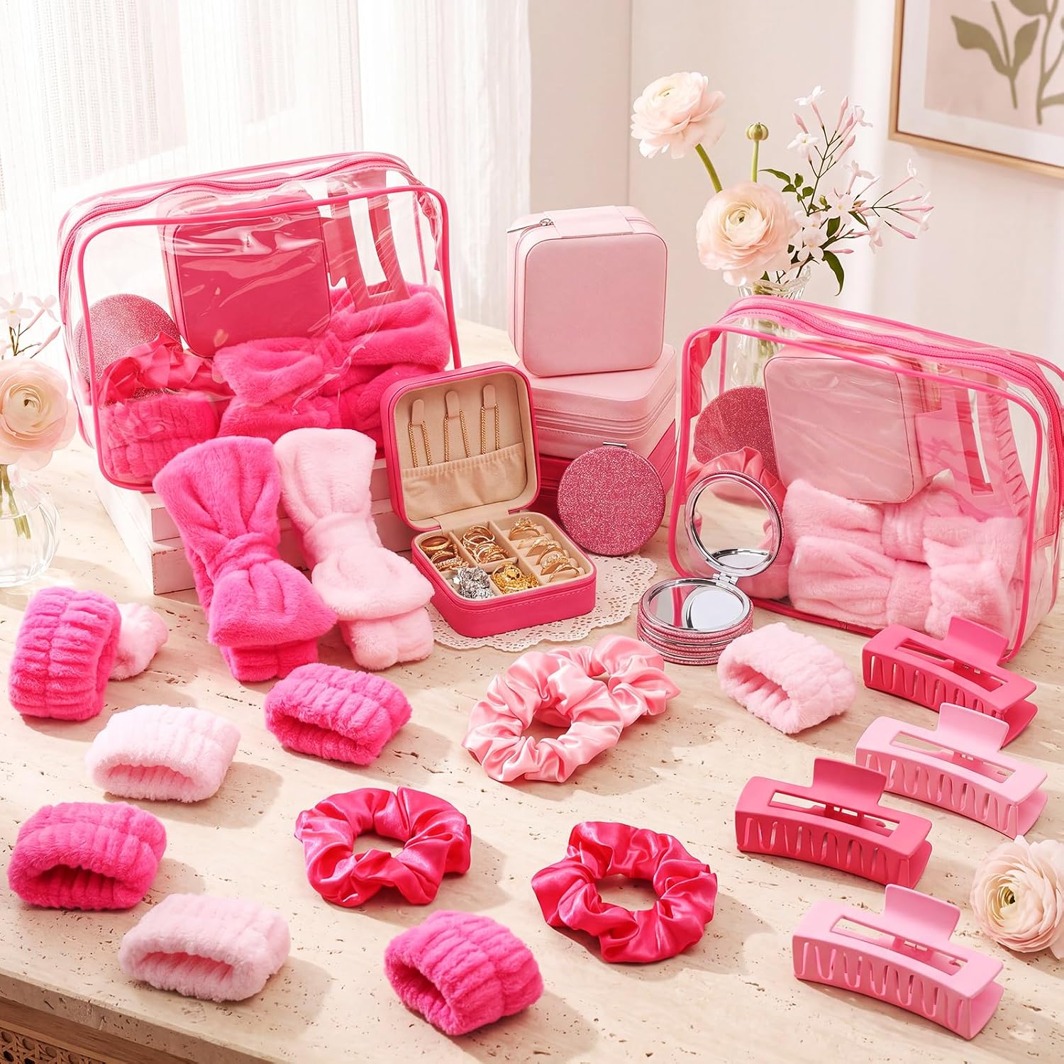 48 Pcs Sleepover Party Supplies Kit Bridesmaid Proposal Gifts Slumber Birthday Spa Party Favors Bow Headband Scrunchies Jewelry Case Makeup Bag Mirror for Gifts (Pink and Rose Red)