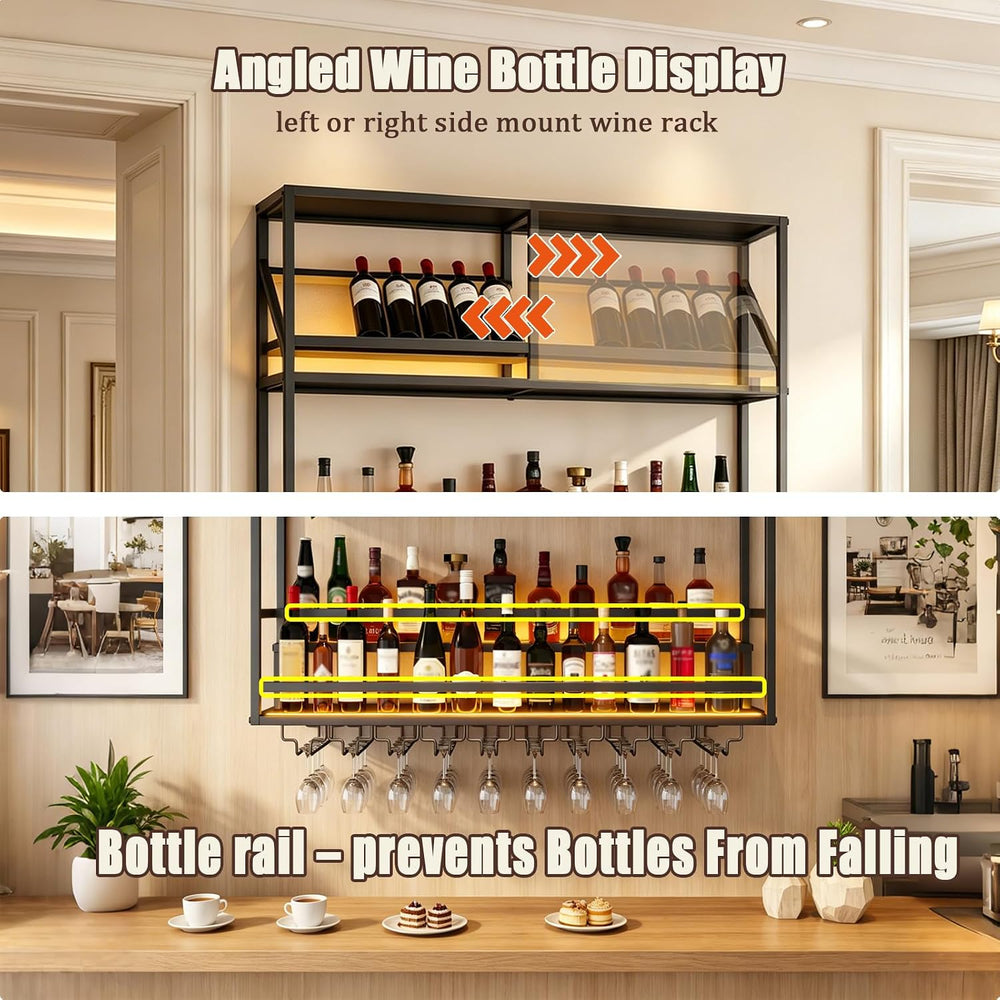 31.5in Wall Mounted Wine Rack with LED Lights, Stepped 3-Tier Bar Shelf | Liq...