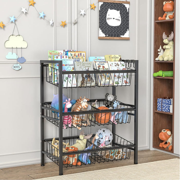 Hastatii Kitchen Storage Basket Shelf, Snack Basket Shelf, 3 Tier Fruit Vegetable Basket Stand, Metal Pantry Storage with 6 Stackable Wire Baskets, Black