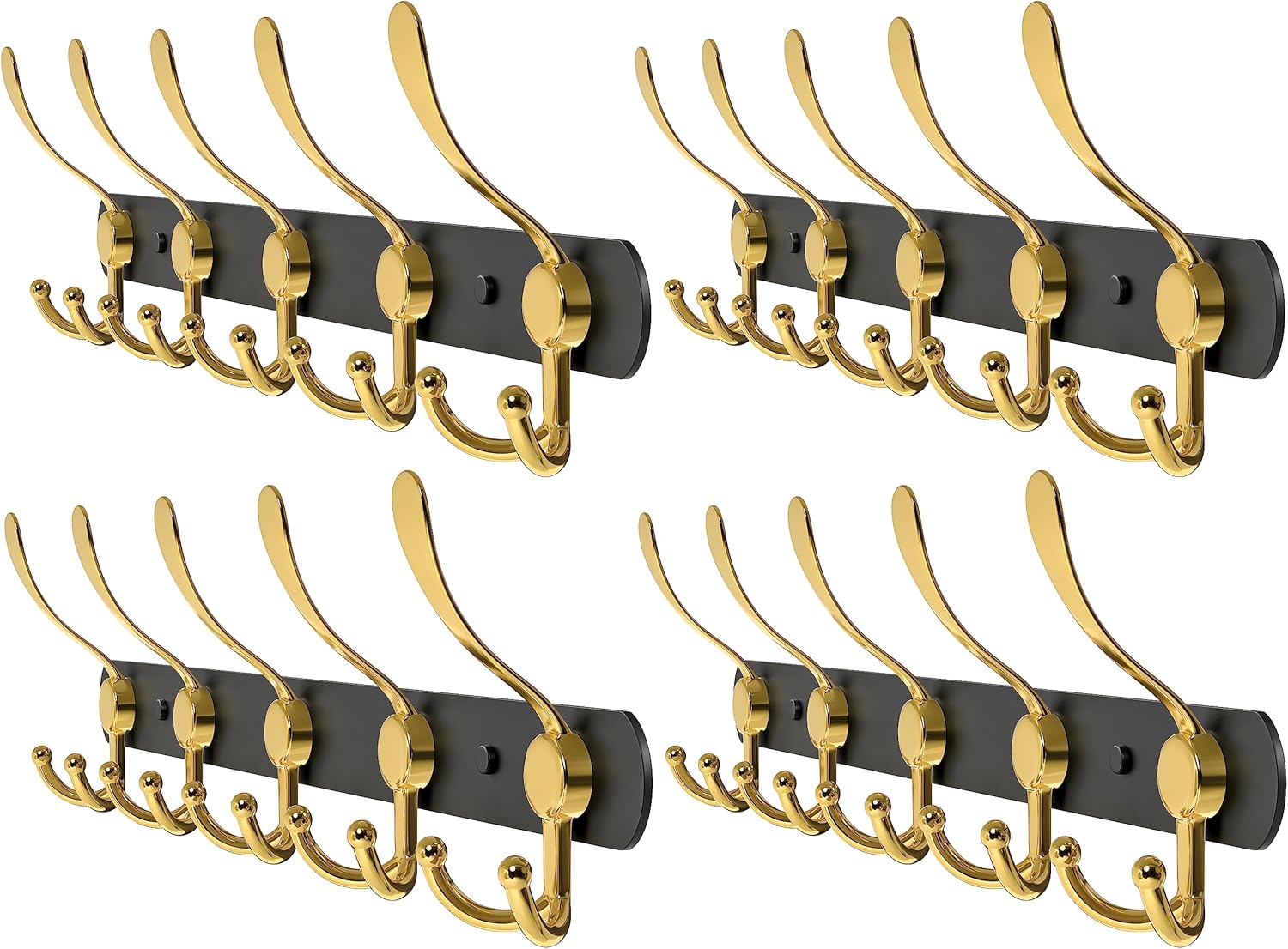 Coat Rack Wall Mount with 5 Tri Hooks, Stainless Steel 16 Inch – Black & Gold Matte Finish, Heavy Duty Wall Mounted Hook Rack for Coats, Hats, Towels, Scarfs, Robes, Bags, Entryway & Bathroom, 4 Pack