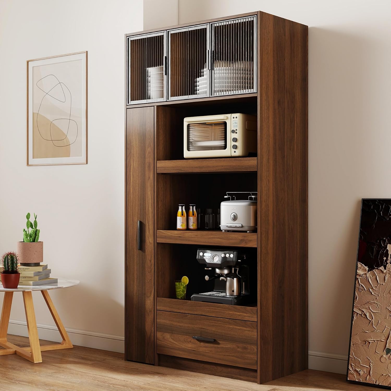 Tall Pantry Cabinet with 3 Hutch, Kitchen Food Cabinet with Pull Out Shelves and 3 Glass Doors, Kitchen Pantry with Microwave Stand for Dining Room