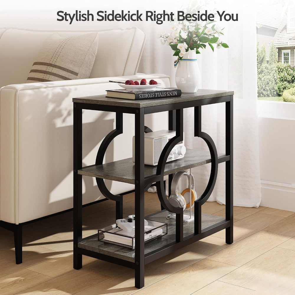 End Table Set of 2, Narrow Side Table with 3-Tier Storage Shelves, Wood Sofa ...