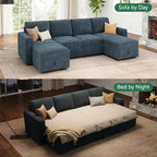 HONBAY Modular Sectional Sleeper Sofa Bed, Corduroy Pull Out Couch with Storage Ottoman, U Shaped Sectional Couches for Living Room, Blue