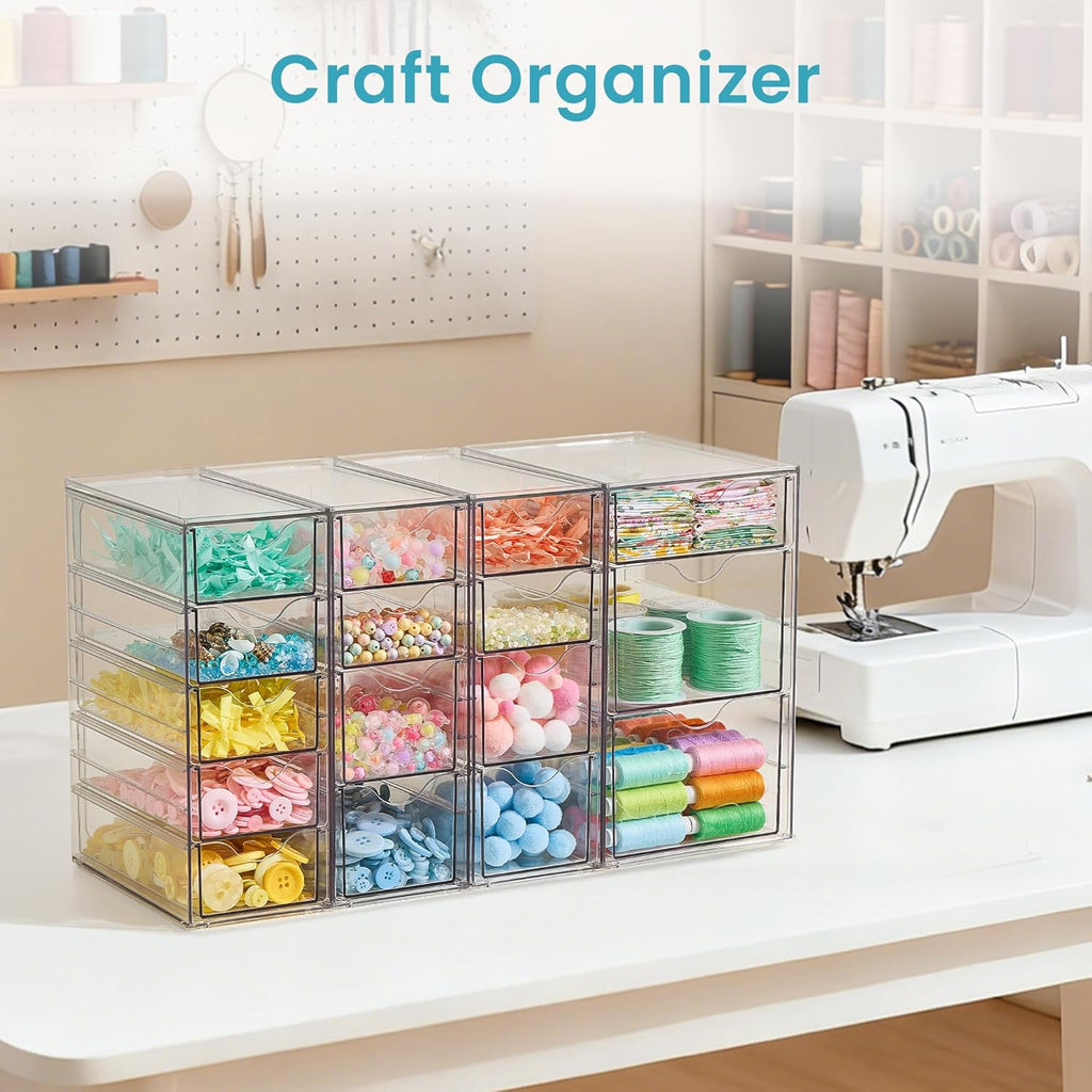 Vtopmart 4 Set Clear Desk Organizer, Pen Organizer with 16 Drawers, Acrylic Desktop Organization and Storage for Office Supplies, Pen, Makeup, Art Craft, Jewelry