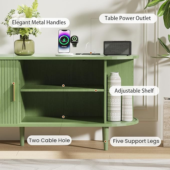 DHH 55 Inch Mid Century Modern TV Stand with Power Outlet for TVs up to 60 Inch, Entertainment Center with Storage and Adjustable Shelves, Media Console with Sliding Doors for Living Room(Green)