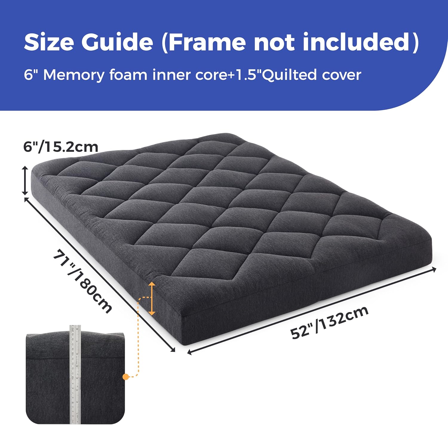 Jamdok 6" Full Size Pillow Top Futon Mattress Replacement(Frame Not Included), Gel Memory Foam, Removable Cover(71X52X6)