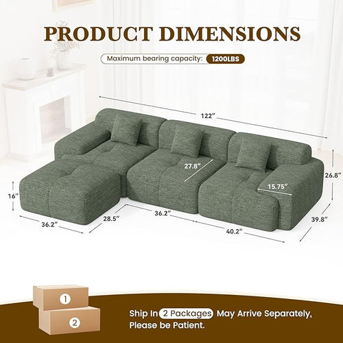 122" L Shaped Convertible Modular Couch, Cloud Couch Sectional with Ottoman, 4-Seater Chenille Boneless Couches for Living Room, Apartment, No Assembly, Green 1PCS