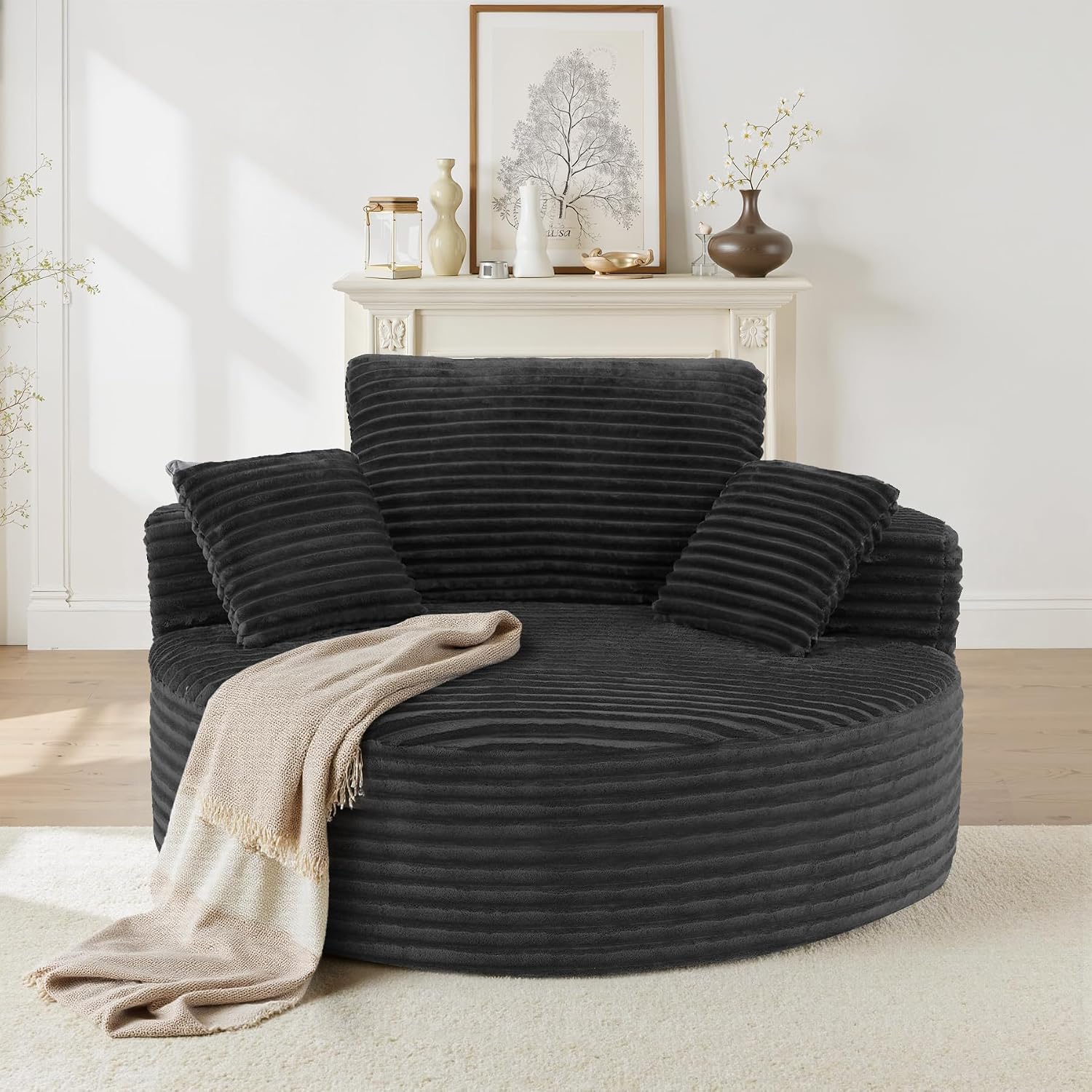 Luxanimarion 55''W 3.5CM Corduroy Single Foam Sofa, Oversized Round Chair with Pillows, Modern Sleeper for Living Rooms, Lounges, Nurseries and Projection Rooms, Wide-Arm Lounge Chair Armchair, Black